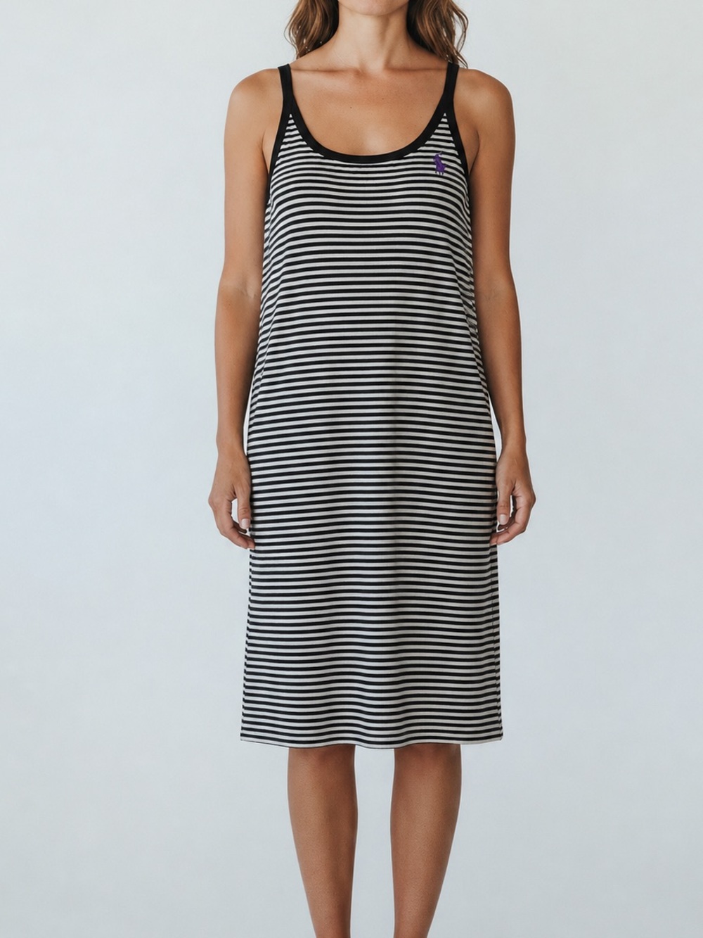 RALPH LAUREN black white striped tank dress purple horse embroidery size medium